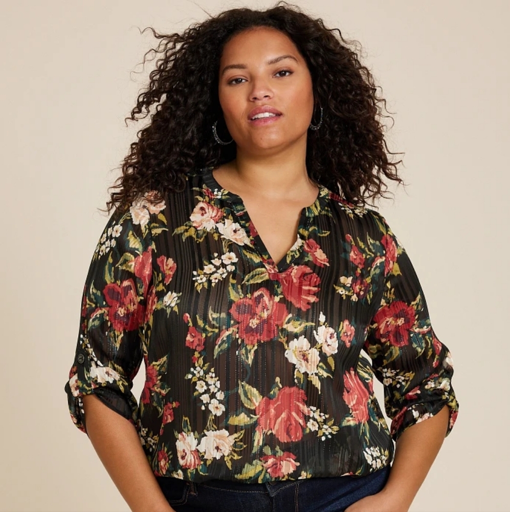 NWT Maurices Atwood 3/4 Sleeve Popover Floral Blouse